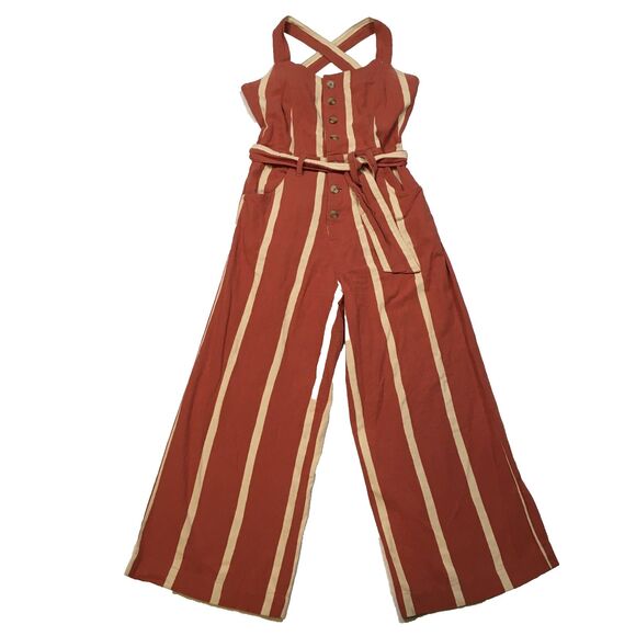 Billabong Womens 8 Sleeveless Linen Jumpsuit Stripe Crossfire Rusty Orange White - Picture 2 of 16
